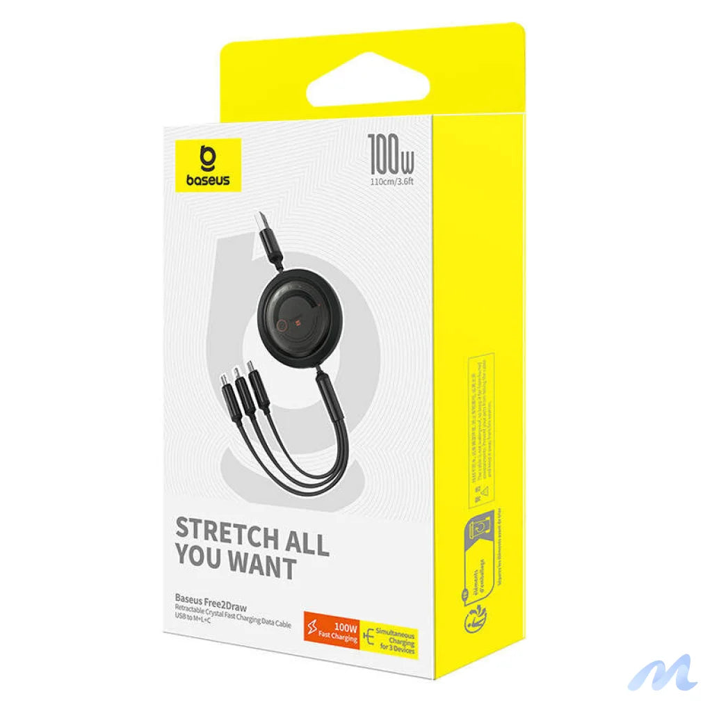 3-in-1 Baseus Free2Draw USB to M+L+C 100W cable, 1.1 m (black)