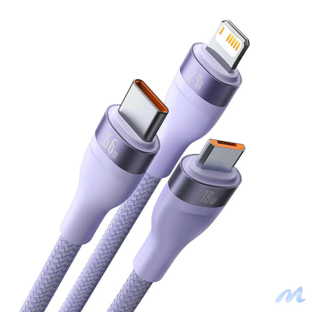3in1 USB cable Baseus Flash II Series, USB-C + micro USB + Lightning, 66W, 1.2m (Purple)