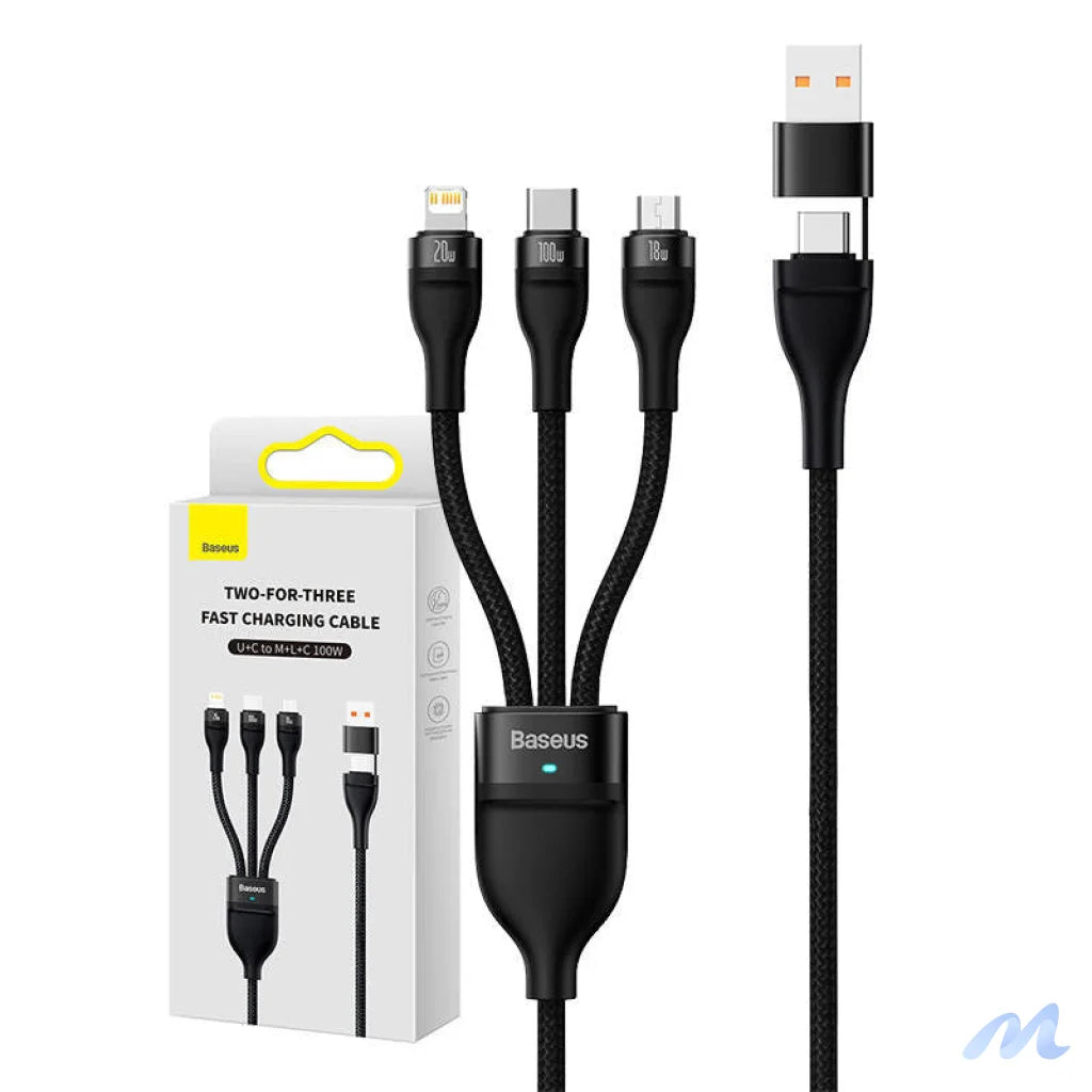 3in1 USB cable Baseus Flash Series 2, USB-C + micro USB + Lightning, 100W, 1.2m (black)