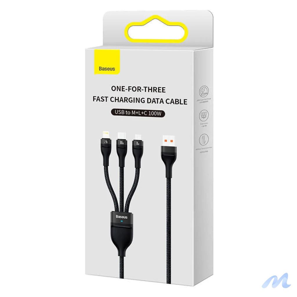 3in1 USB cable Baseus Flash Series, USB-C + micro USB + Lightning, 100W, 1.2m (black)