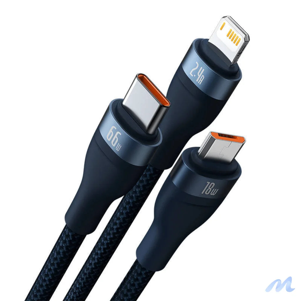 3in1 USB cable Baseus USB 3in1 Baseus Flash Series, USB-C + Micro + Lightning 66W, 1.2m (blue)
