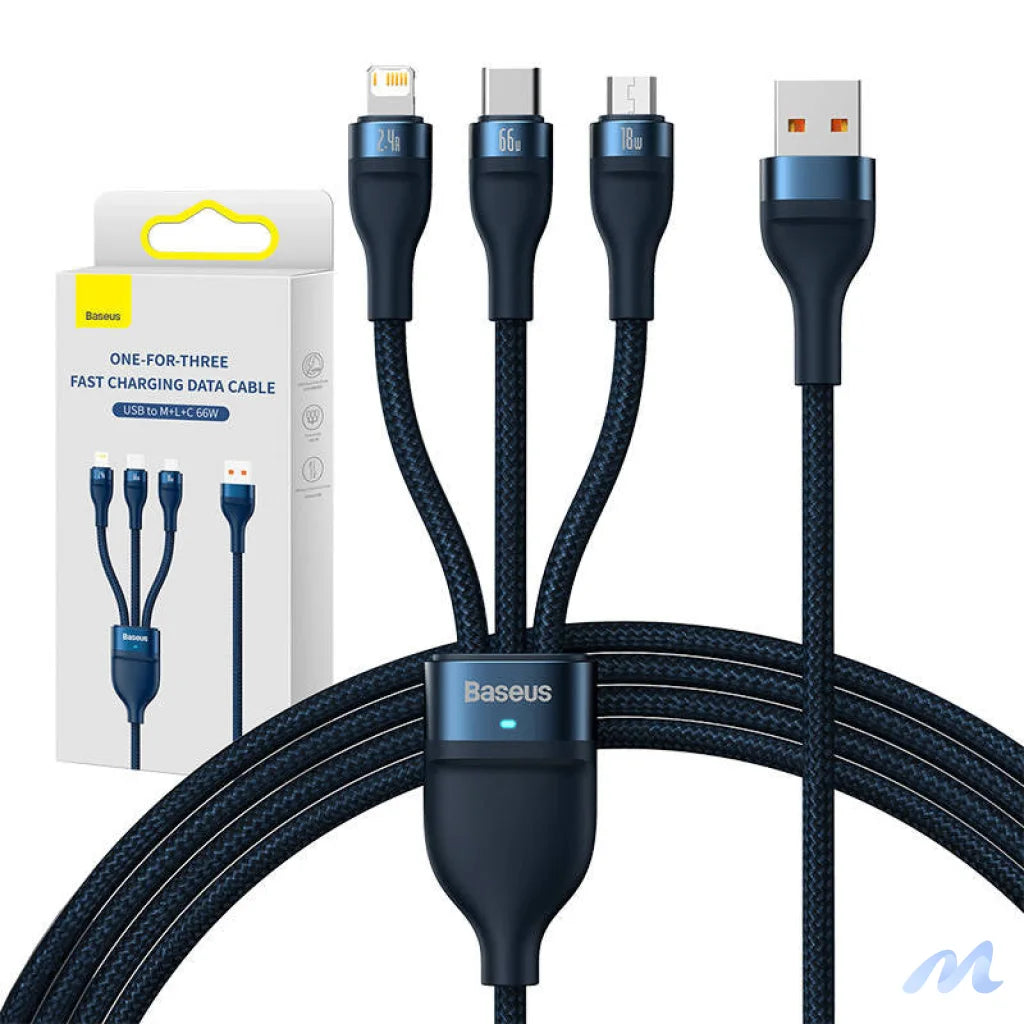 3in1 USB cable Baseus USB 3in1 Baseus Flash Series,  USB-C + Micro + Lightning 66W, 1.2m (blue)