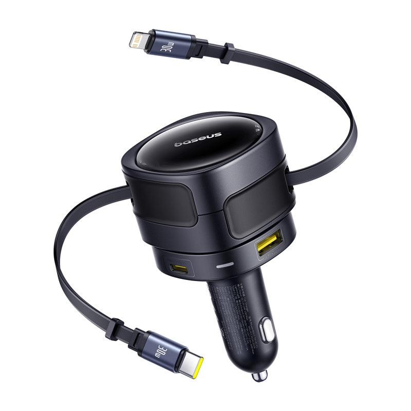 Baseus Enjoyment Max car charger with USB-C+Lightning cables and USB-A+USB-C ports 90W Black