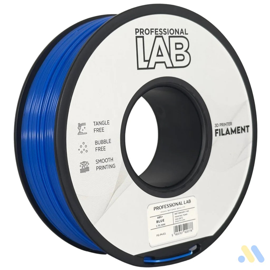 ABS is a strong, impact-resistant filament, ideal for functional parts and mechanical components. It requires a heated bed and enclosure to minimize warping and should be used in a well-ventilated area.