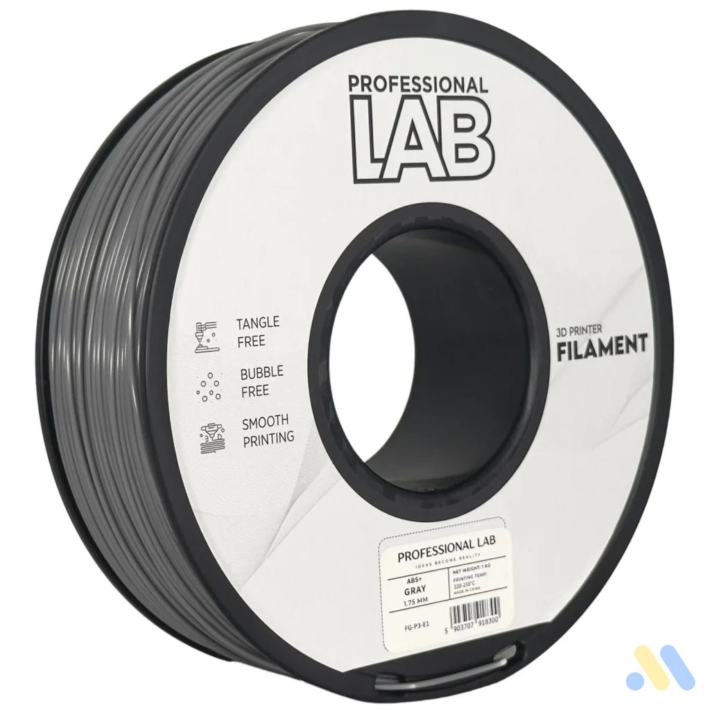 ABS is a strong, impact-resistant filament, ideal for functional parts and mechanical components. It requires a heated bed and enclosure to minimize warping and should be used in a well-ventilated area.