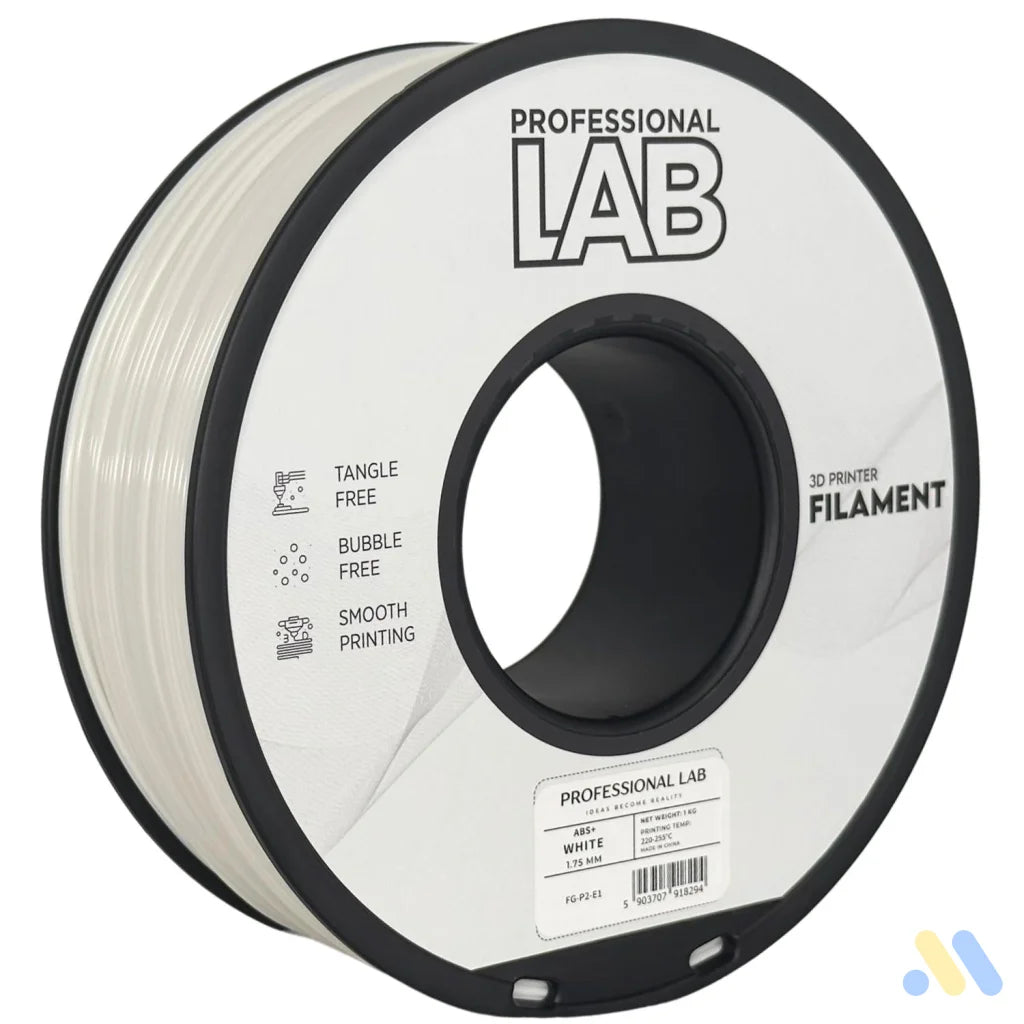 ABS is a strong, impact-resistant filament, ideal for functional parts and mechanical components. It requires a heated bed and enclosure to minimize warping and should be used in a well-ventilated area.