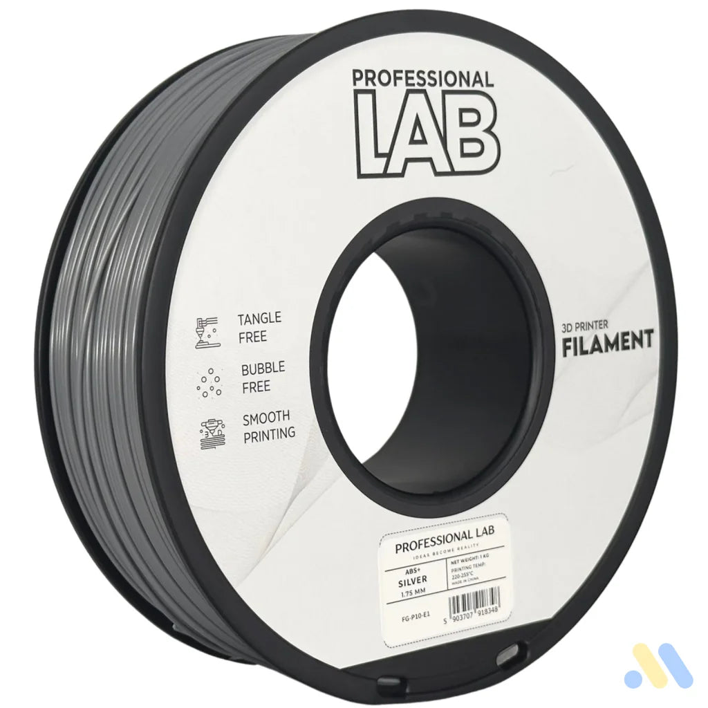 ABS is a strong, impact-resistant filament, ideal for functional parts and mechanical components. It requires a heated bed and enclosure to minimize warping and should be used in a well-ventilated area.