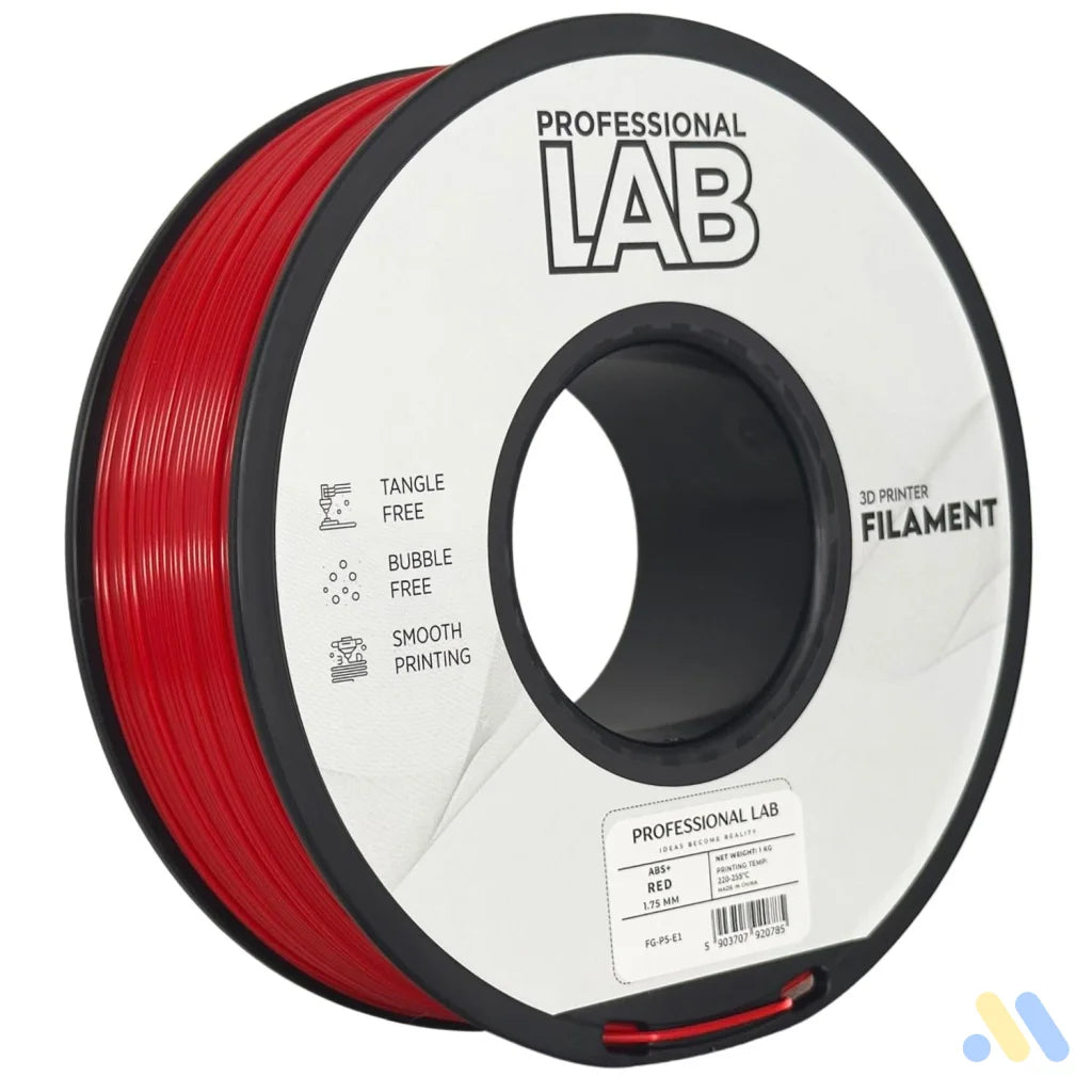 ABS is a strong, impact-resistant filament, ideal for functional parts and mechanical components. It requires a heated bed and enclosure to minimize warping and should be used in a well-ventilated area.