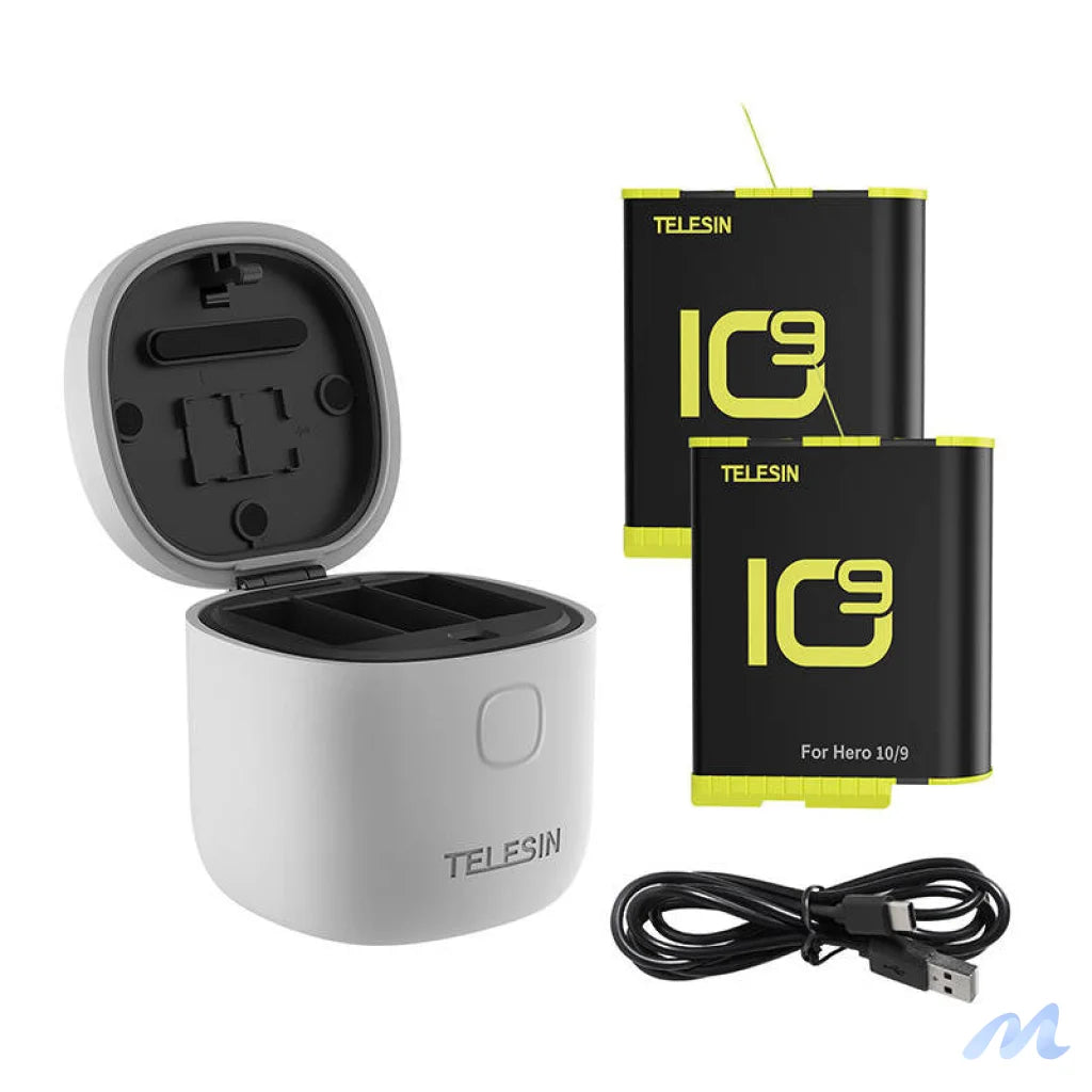 Allin box Telesin waterproof three-channel charger + 2 batteries for GoPro Hero 12 / Hero 11 / Hero 10 / Hero 9 (GP-BTR-905-GY-B)