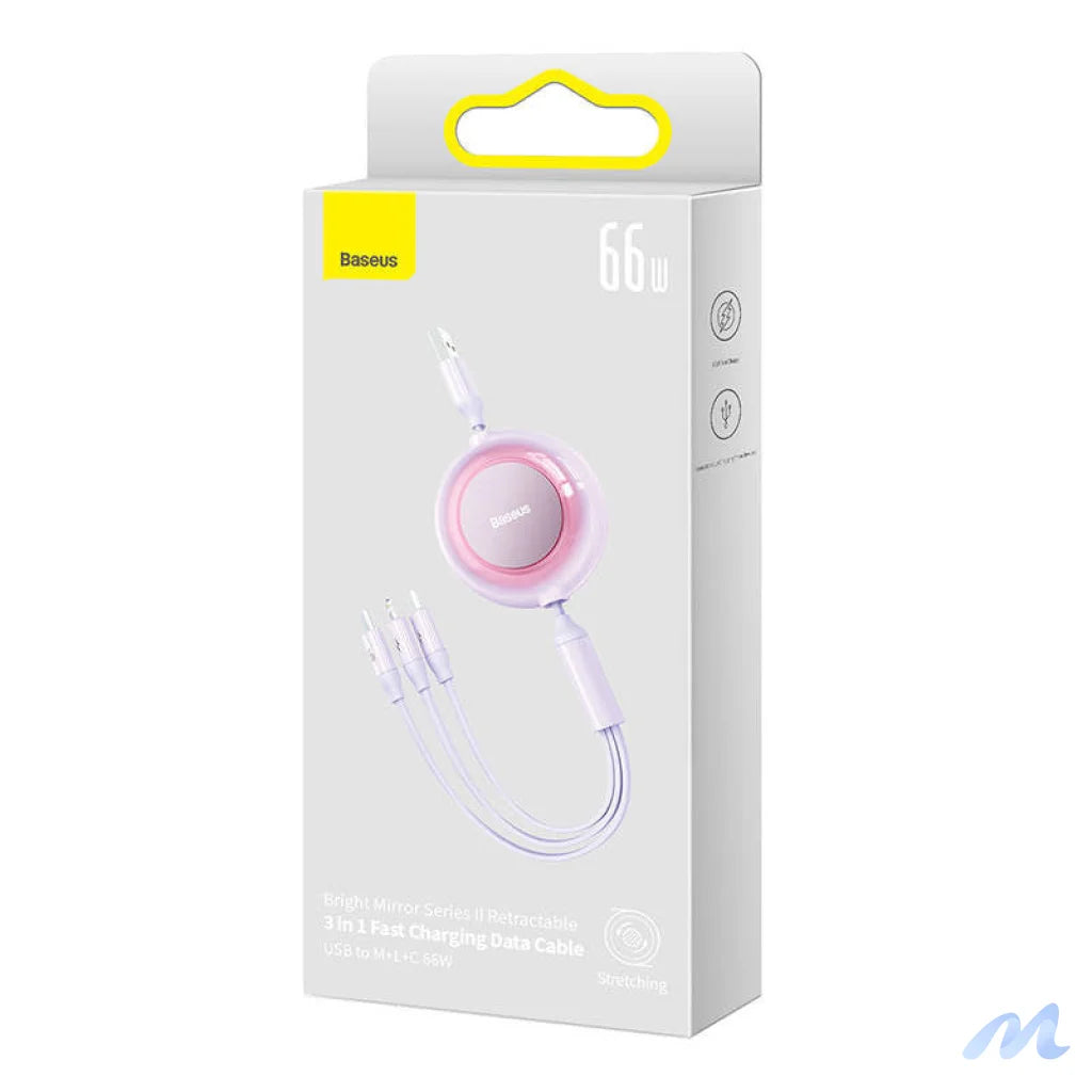 Baseus Bright Mirror 3, USB 3-in-1 cable for micro USB / USB-C / Lightning 66W / 2A 1.1m (Purple)