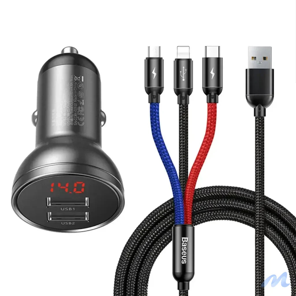 Baseus Car Charger with display 24W + Cable USB 3in1 Baseus Three Primary Colors 1,2m