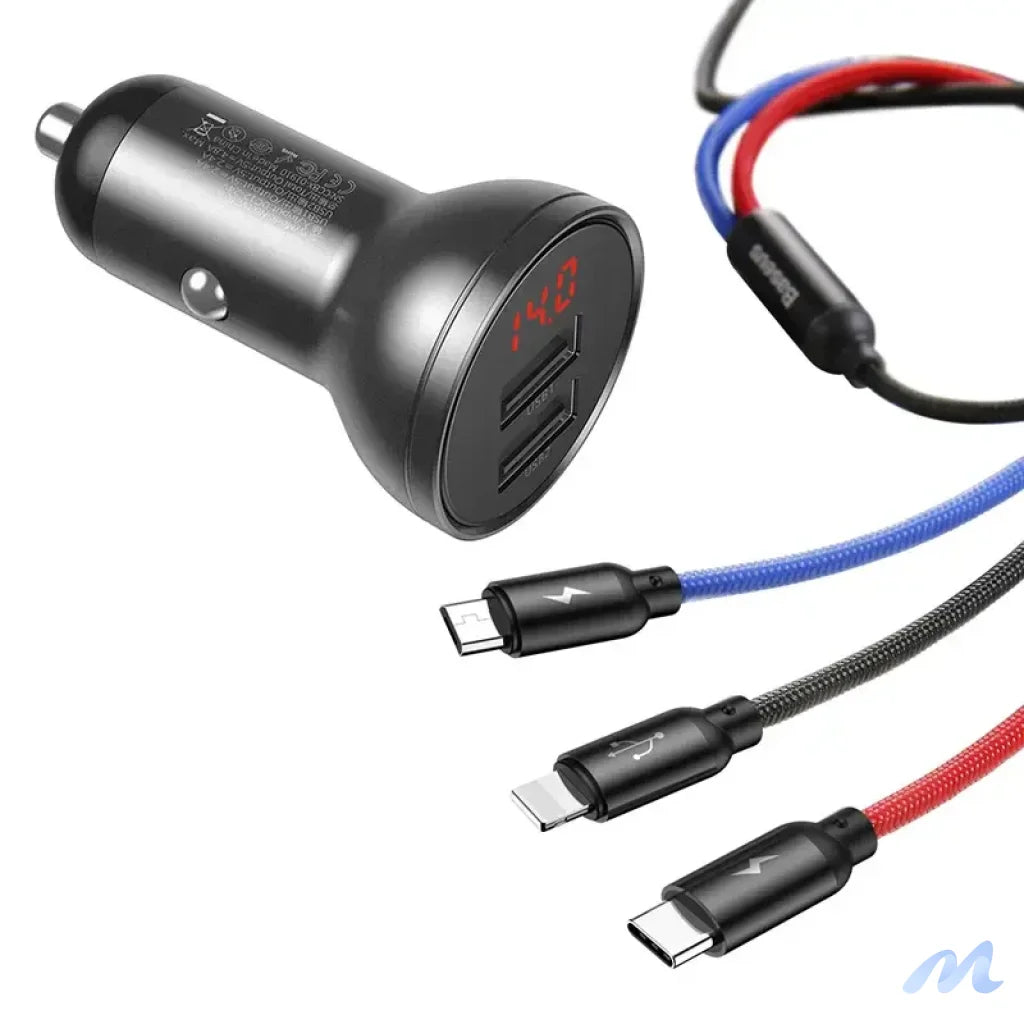 Baseus Car Charger with display 24W + Cable USB 3in1 Baseus Three Primary Colors 1,2m