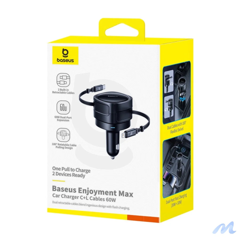 Baseus Enjoyment Max car charger with USB-C+Lightning cables 60W Black