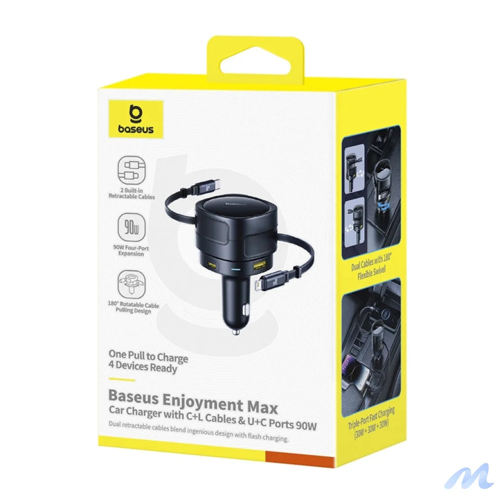 Baseus Enjoyment Max car charger with USB-C+Lightning cables and USB-A+USB-C ports 90W Black