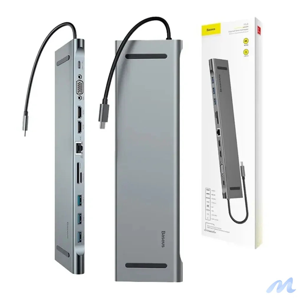 Baseus Enjoyment Series Multi-functional Type-C intelligent HD HUB(PD/HD4K*2/VGA/RJ45/SD/TF/USB*3/Audio*1/Stand)Dark gray