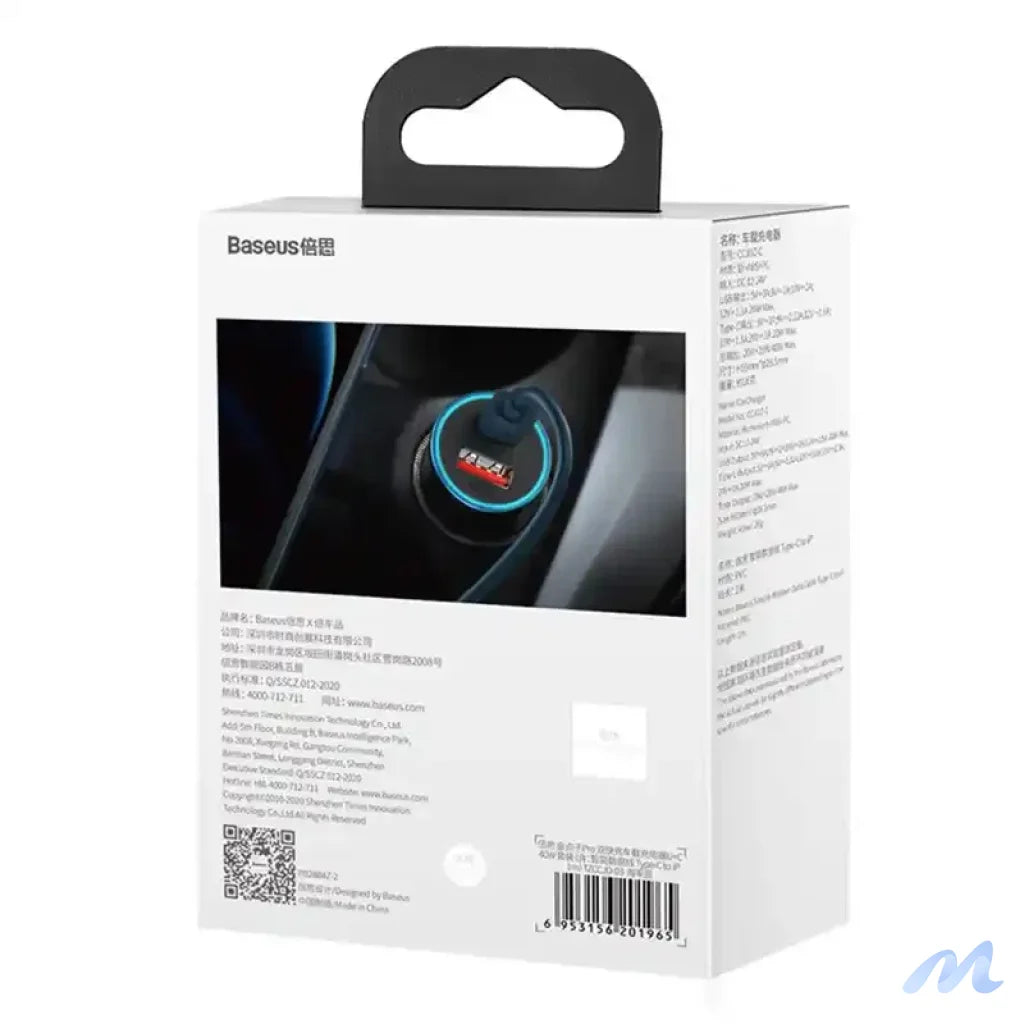 Baseus Golden Contactor Pro car charger, USB + USB-C, QC4.0+, PD, SCP, 40W (blue) + USB-C - Lightning cable 1m (blue)