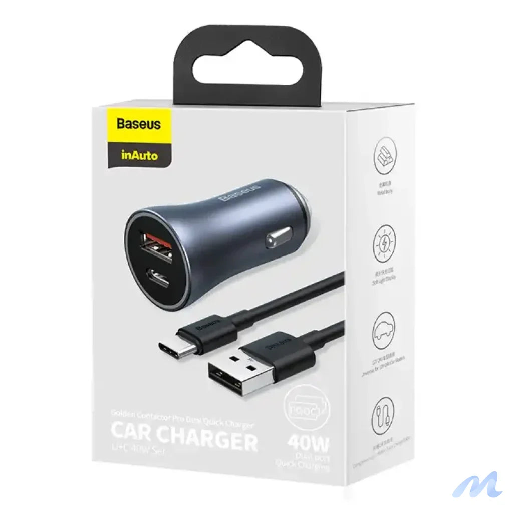 Baseus Golden Contactor Pro Car Charger USB + USB-C, QC4.0+, PD, SCP, 40W (gray) + CabelUSB do USB-C 1m (black)