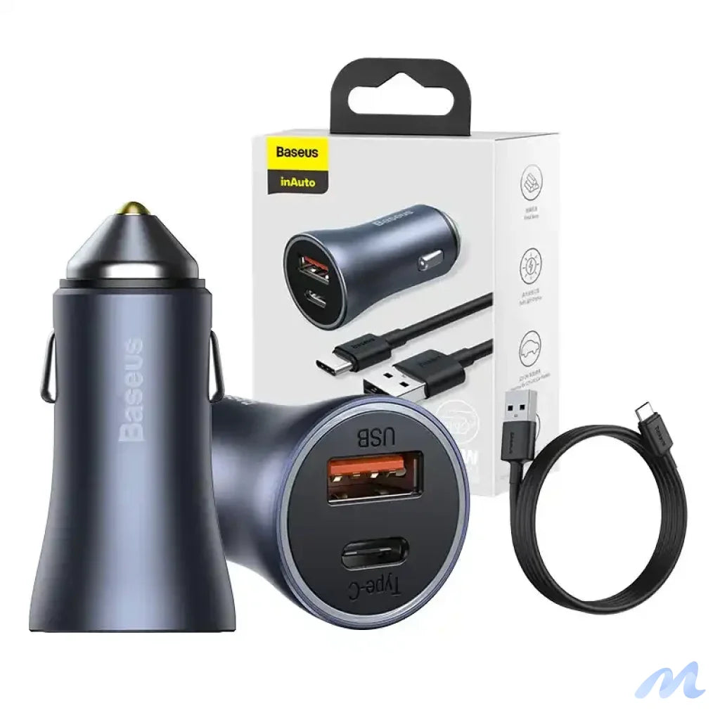 Baseus Golden Contactor Pro Car Charger USB + USB-C, QC4.0+, PD, SCP, 40W (gray) + CabelUSB do USB-C 1m (black)