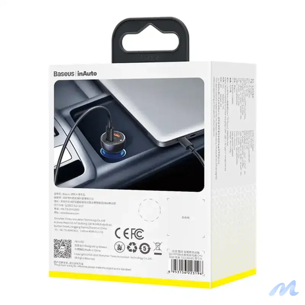 Baseus Particular Digital Display Car Charger , USB + USB-C, QC3.0+PD, 5A, 65W (gray) + Cable USB-C 1m 100W (black)