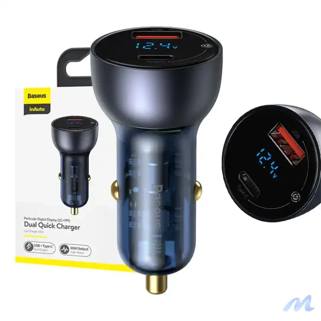 Baseus Particular Digital Display car charger with display, USB + USB-C, QC3.0+PD, 5A, 65W (gray)