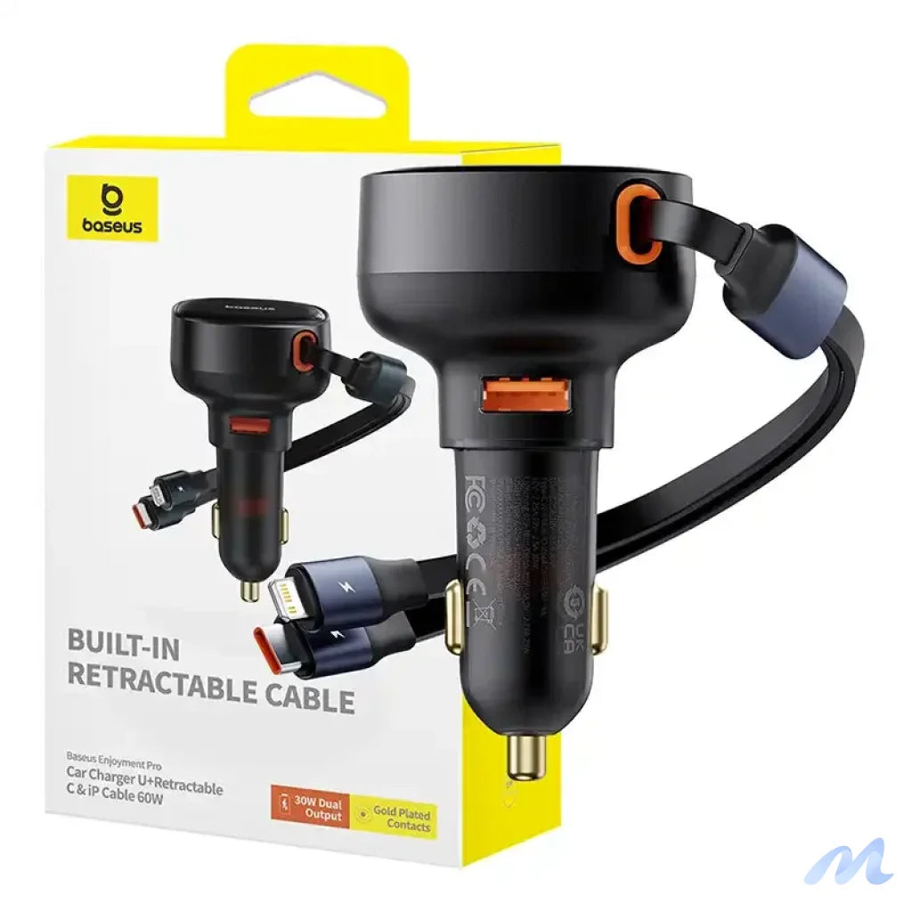 Car Charger Baseus Enjoyment USB with USB-C cable and Lightning 60W (black)