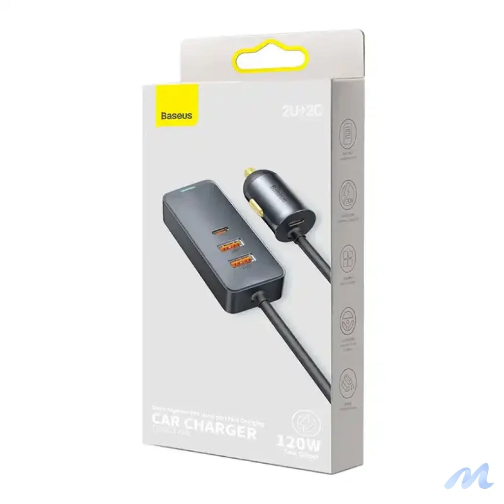 Car charger Baseus Share Together with extension cord, 2x USB, 2x USB-C, 120W (grey)