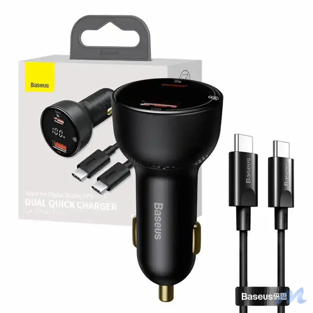 Car charger Baseus Superme, USB, USB-C, 100W + USB-C cable (black)