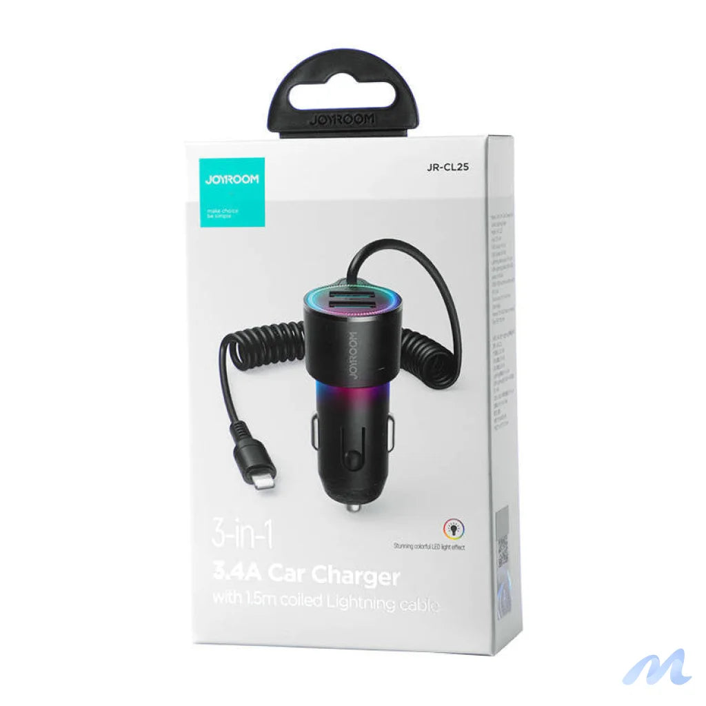 Car charger Joyroom JR-CL25, 2x USB + Lightning cable (black)