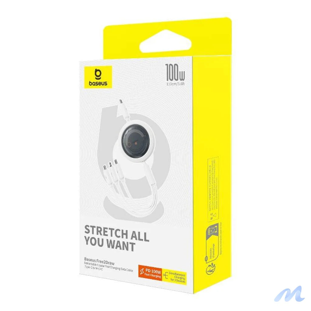 Fast Charging Cable 3in1 Baseus Free2Draw USB-C to USB-C/Lightning/Micro 100W, 1,1m (white)