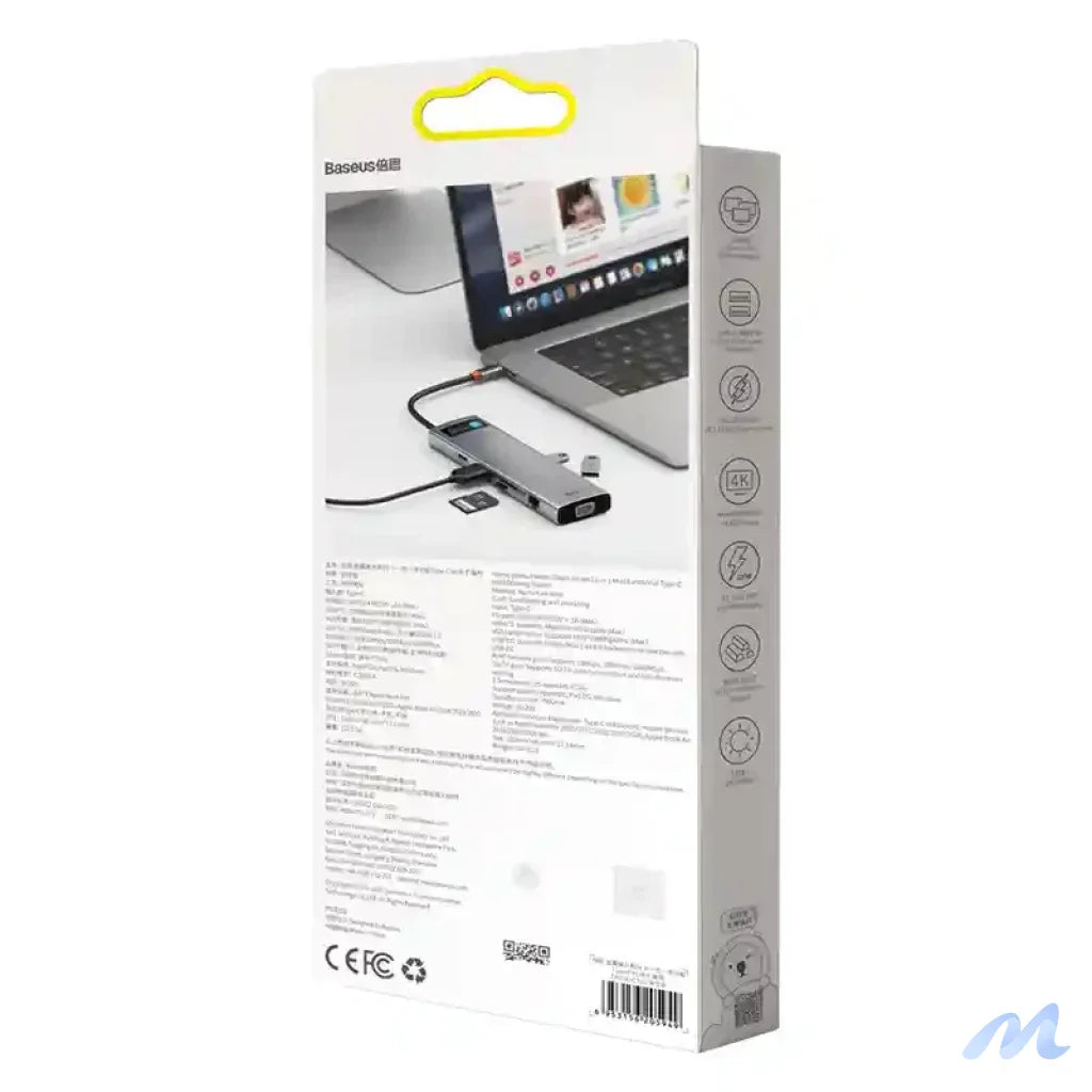 Hub 11in1 Baseus Metal Gleam Series, USB-C to 3x USB 3.0 + 2x HDMI + USB-C PD + Ethernet RJ45 + microSD/SD + VGA + AUX