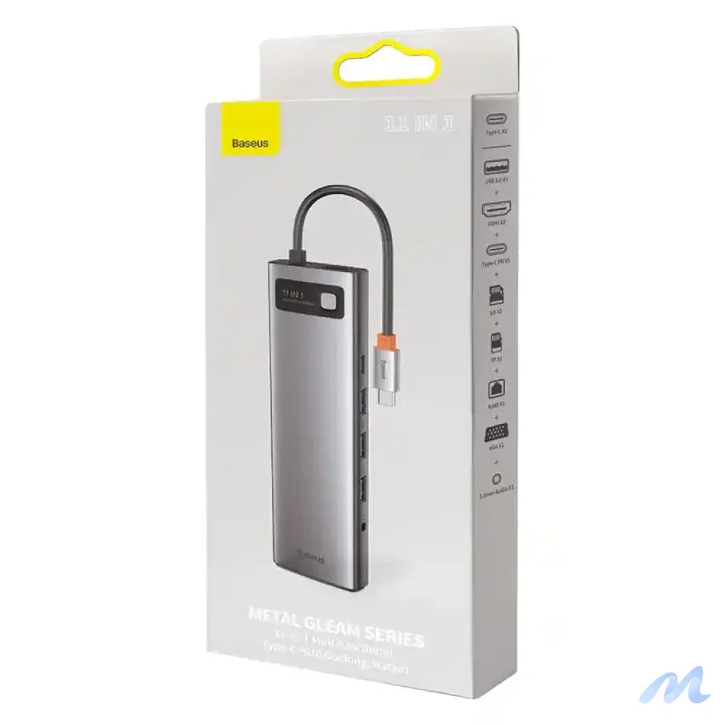Hub 11in1 Baseus Metal Gleam Series, USB-C to 3x USB 3.0 + 2x HDMI + USB-C PD + Ethernet RJ45 + microSD/SD + VGA + AUX