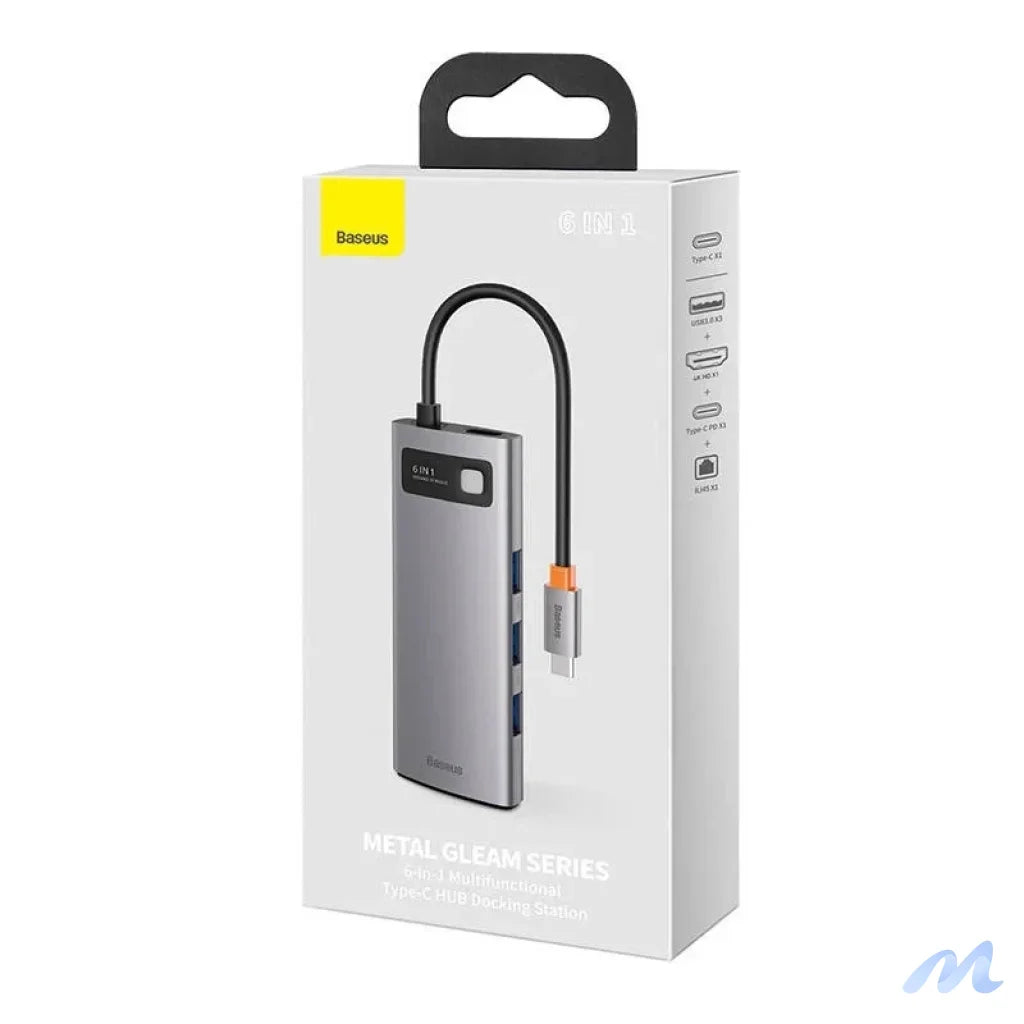 Hub 6in1 Baseus Metal Gleam Series, USB-C to 3x USB 3.0 + HDMI + USB-C PD + Ethernet RJ45