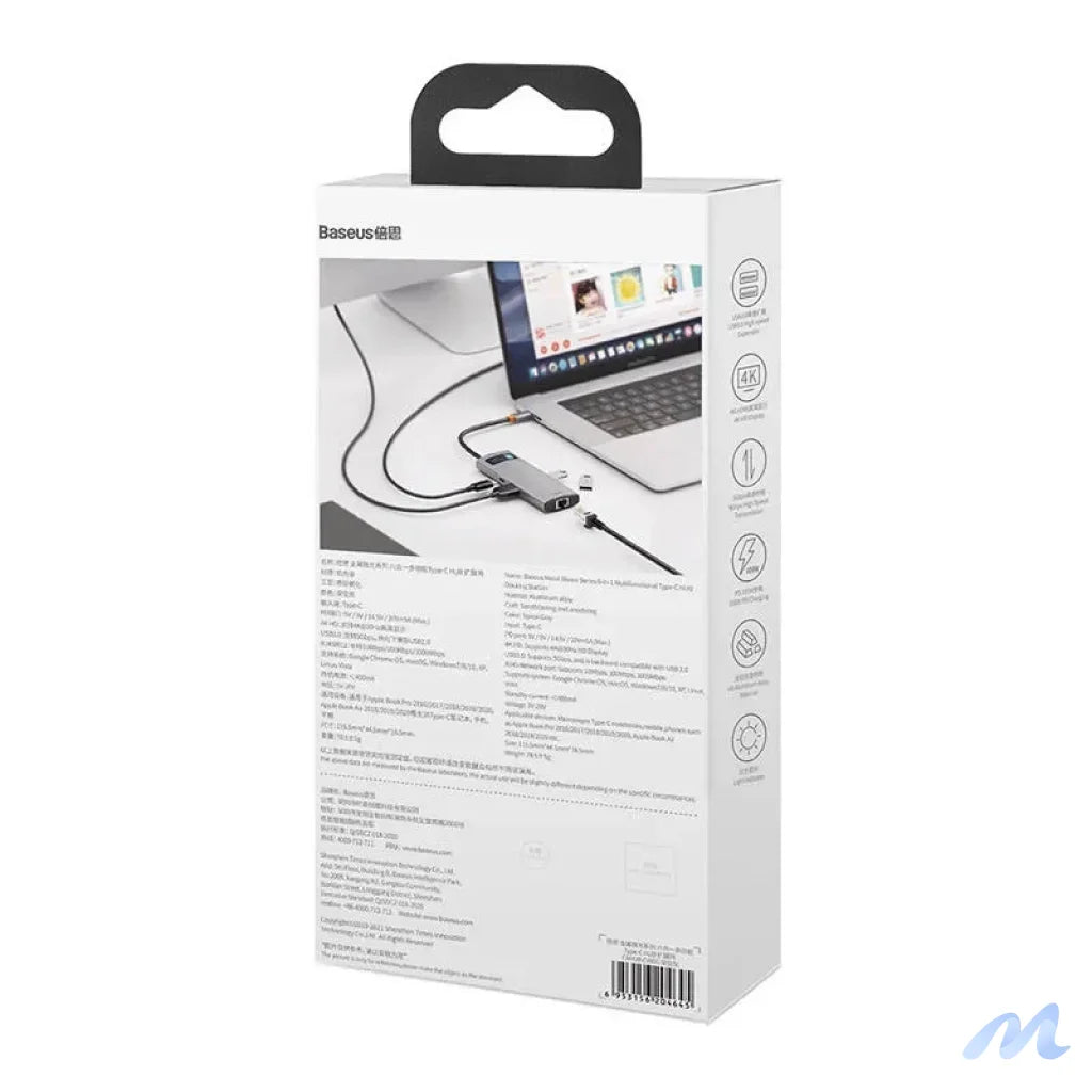 Hub 6in1 Baseus Metal Gleam Series, USB-C to 3x USB 3.0 + HDMI + USB-C PD + Ethernet RJ45