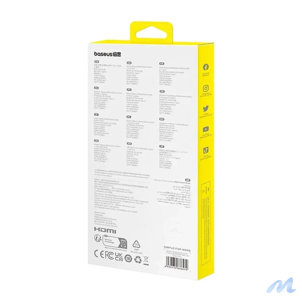 Hub 7in1 Baseus Gleam, USB-C to 1x HDMI4K 60Hz + 3x USB3.0 + 1x PD + 1x SD/TF (grey)