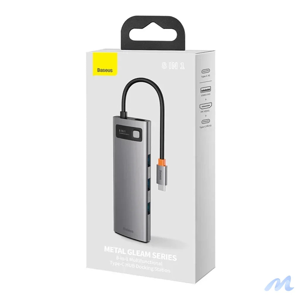 Hub 8in1 Baseus Metal Gleam Series, USB-C to 3x USB 3.0 + HDMI + USB-C PD + Ethernet RJ45 + microSD/SD