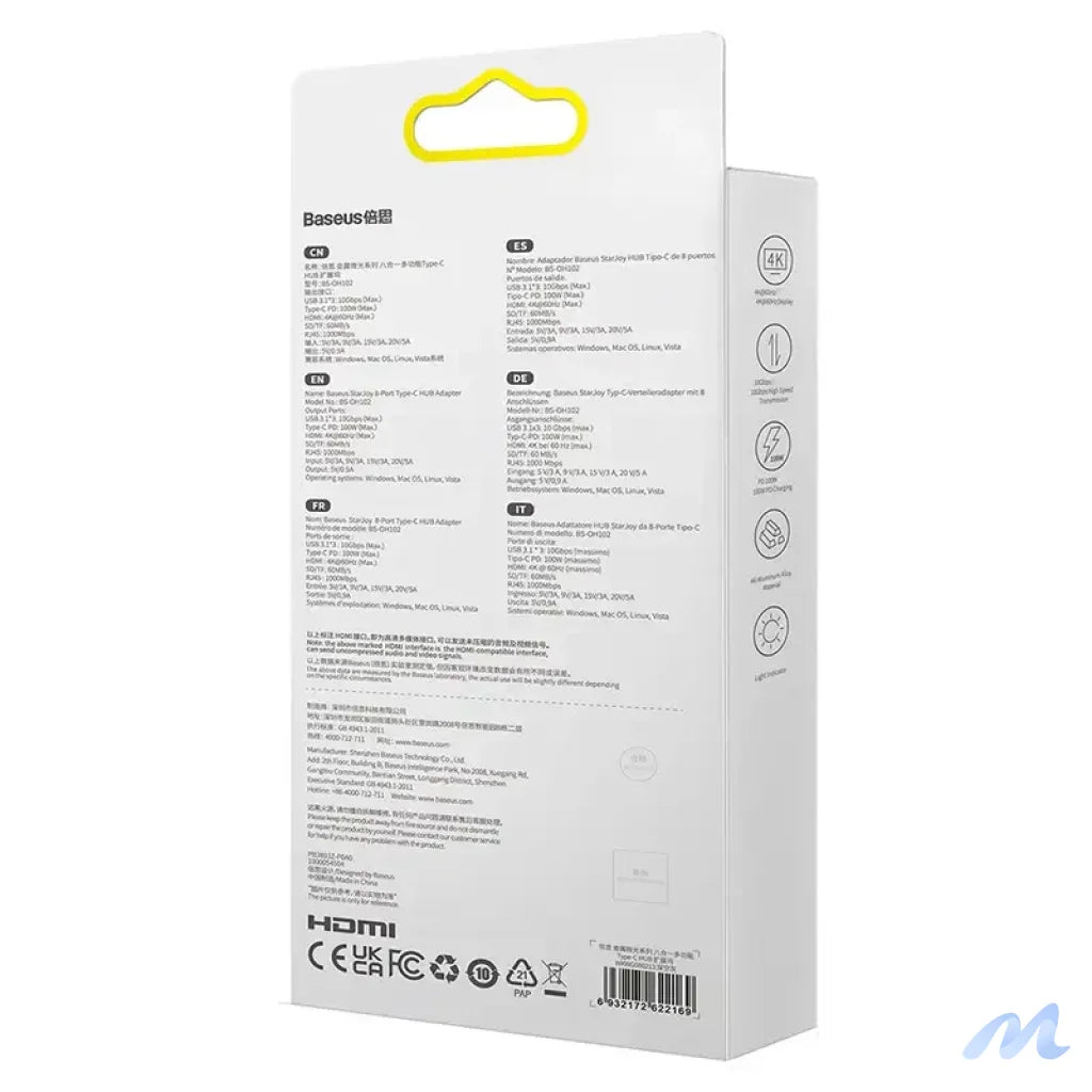Hub 8in1 Baseus StarJoy Series, USB-C to 3x USB 3.1 + HDMI + USB-C PD + RJ45 + microSD/SD
