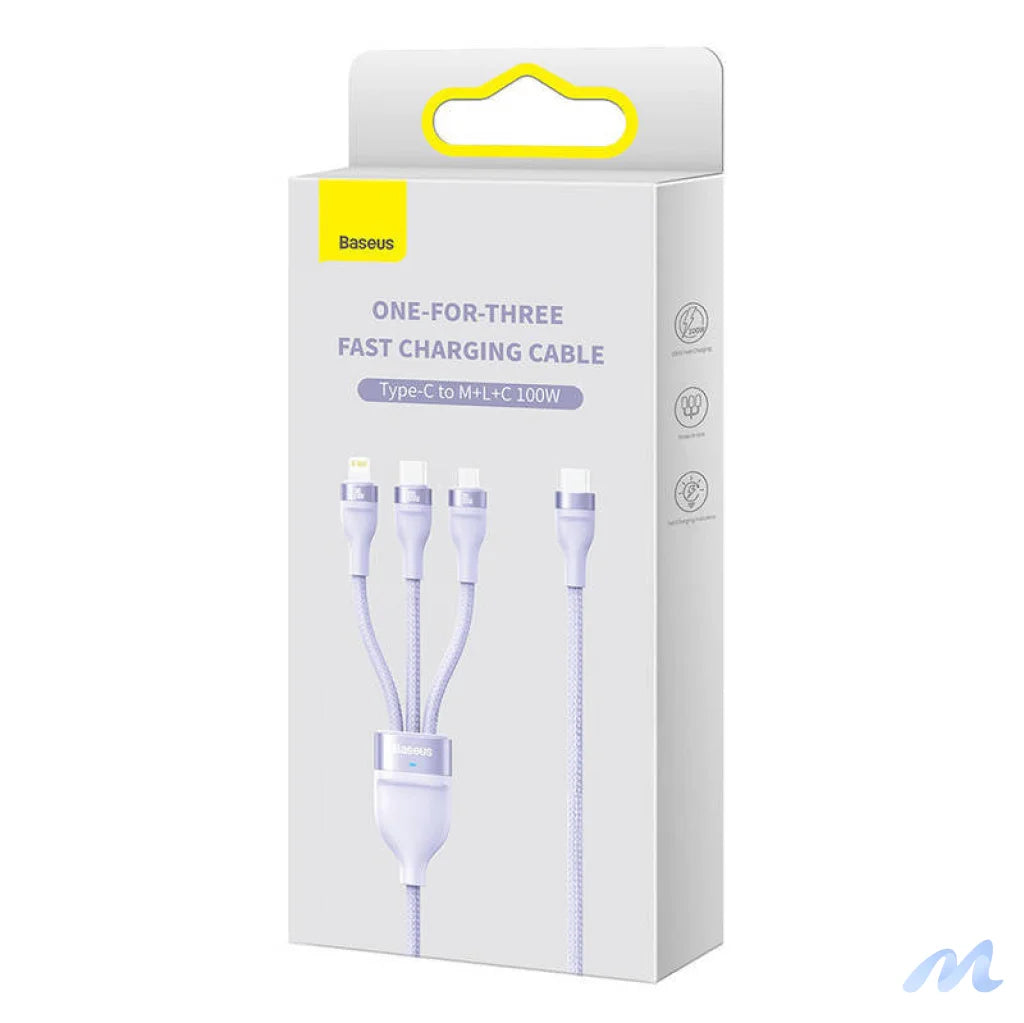 Kabel USB 3w1 Baseus Flash Series 2, USB-C + micro USB + Lightning, 100W, 1.5m (fioletowy)