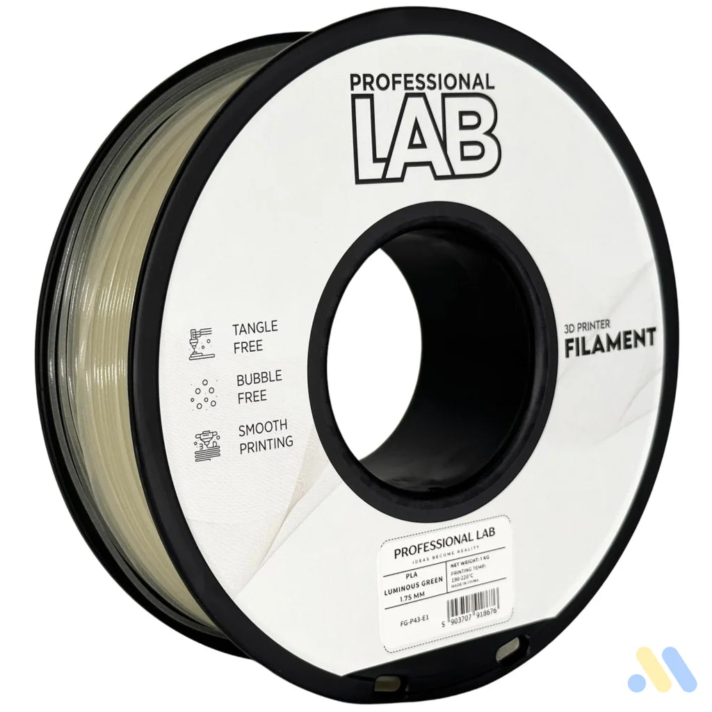 PLA Luminous is a glow-in-the-dark filament that absorbs light and emits it in the dark, perfect for decorative or artistic prints. It contains phosphorescent particles, so a hardened steel nozzle is recommended for long-term use.