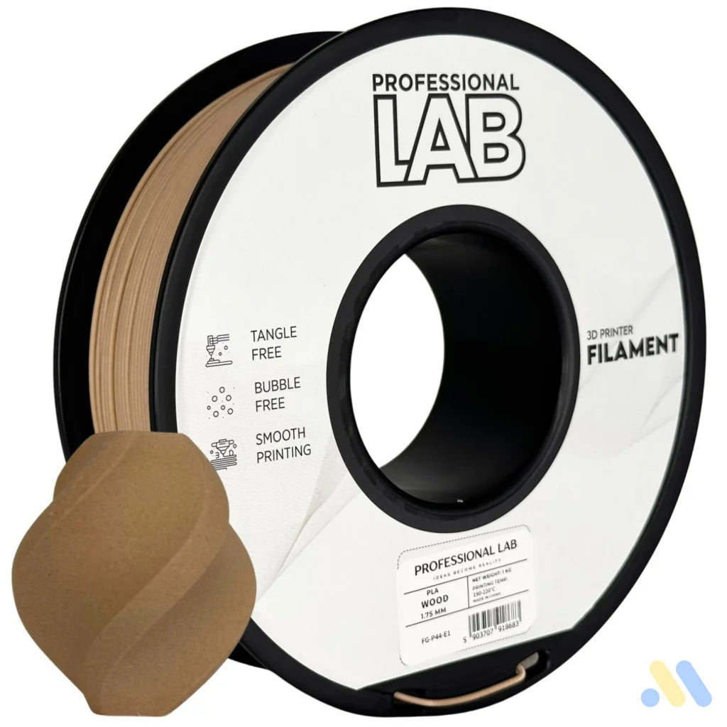 PLA Wood is a composite filament made from PLA mixed with fine wood fibers, offering a wood-like appearance, smell, and texture. Great for artistic, decorative, or prototype models. A larger nozzle (>=0.5 mm) is recommended to avoid clogging.