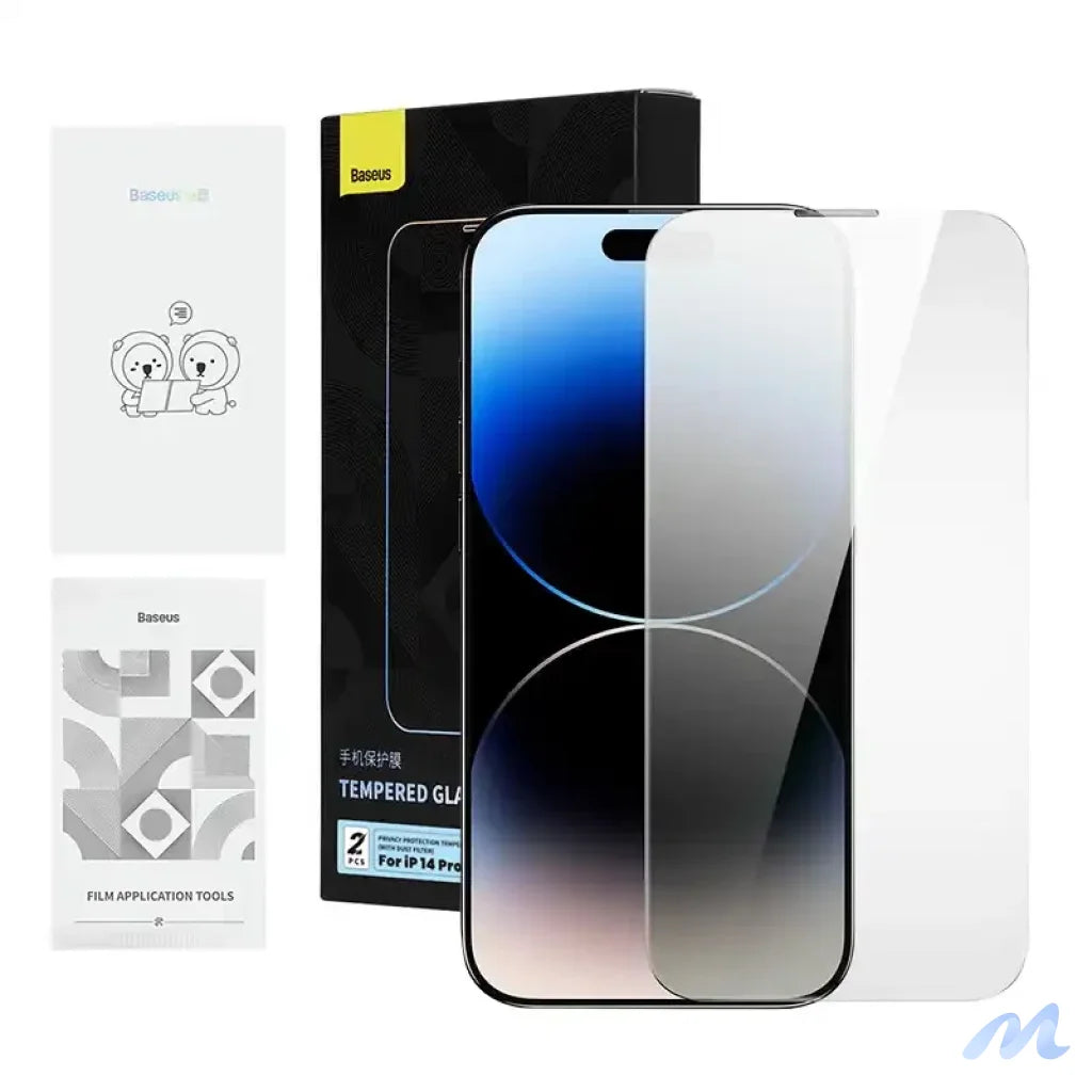 Privacy tempered Glass Baseus Iphone 14 Pro Max (2pcs) with 2 cleaning kits and dust-proof installation tool