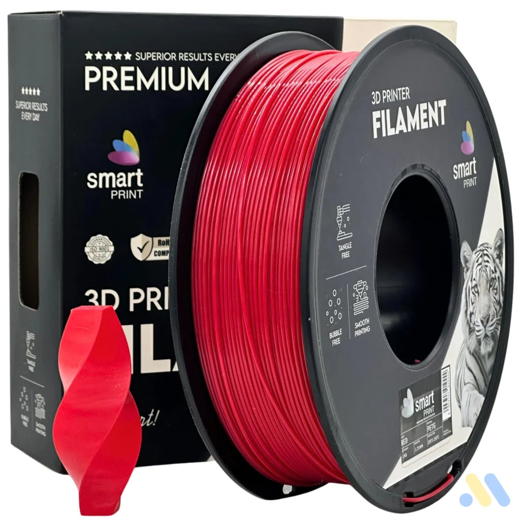 Smart Print PETG blends ABS strength with PLA ease. Slightly flexible and highly durable, it resists moisture and chemicals. Special inhibitors enhance strength and color. Ideal for outdoor and functional prints.