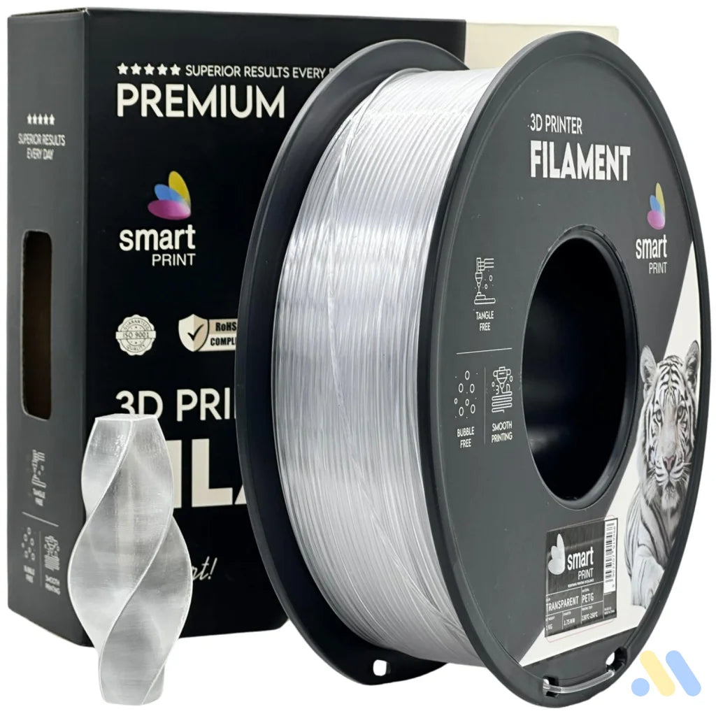 Smart Print PETG blends ABS strength with PLA ease. Slightly flexible and highly durable, it resists moisture and chemicals. Special inhibitors enhance strength and color. Ideal for outdoor and functional prints.