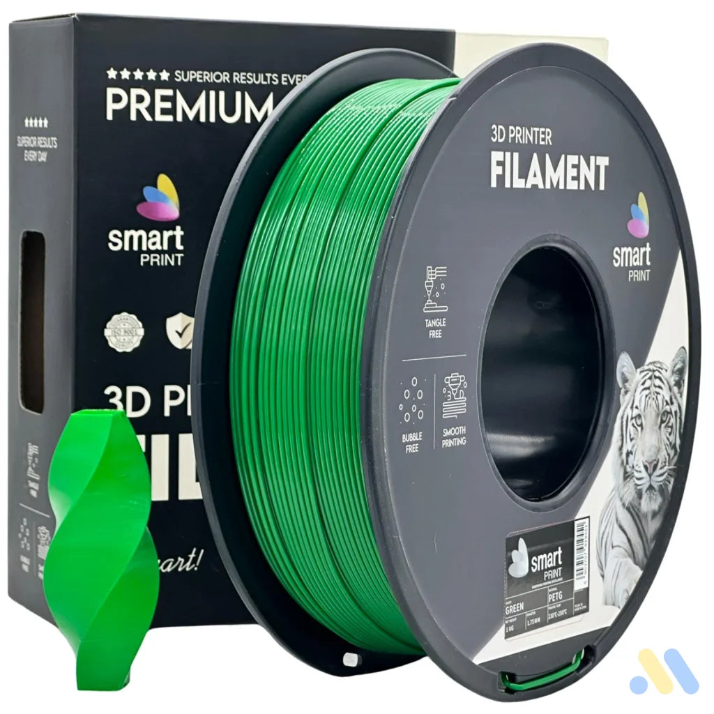 Smart Print PETG blends ABS strength with PLA ease. Slightly flexible and highly durable, it resists moisture and chemicals. Special inhibitors enhance strength and color. Ideal for outdoor and functional prints.