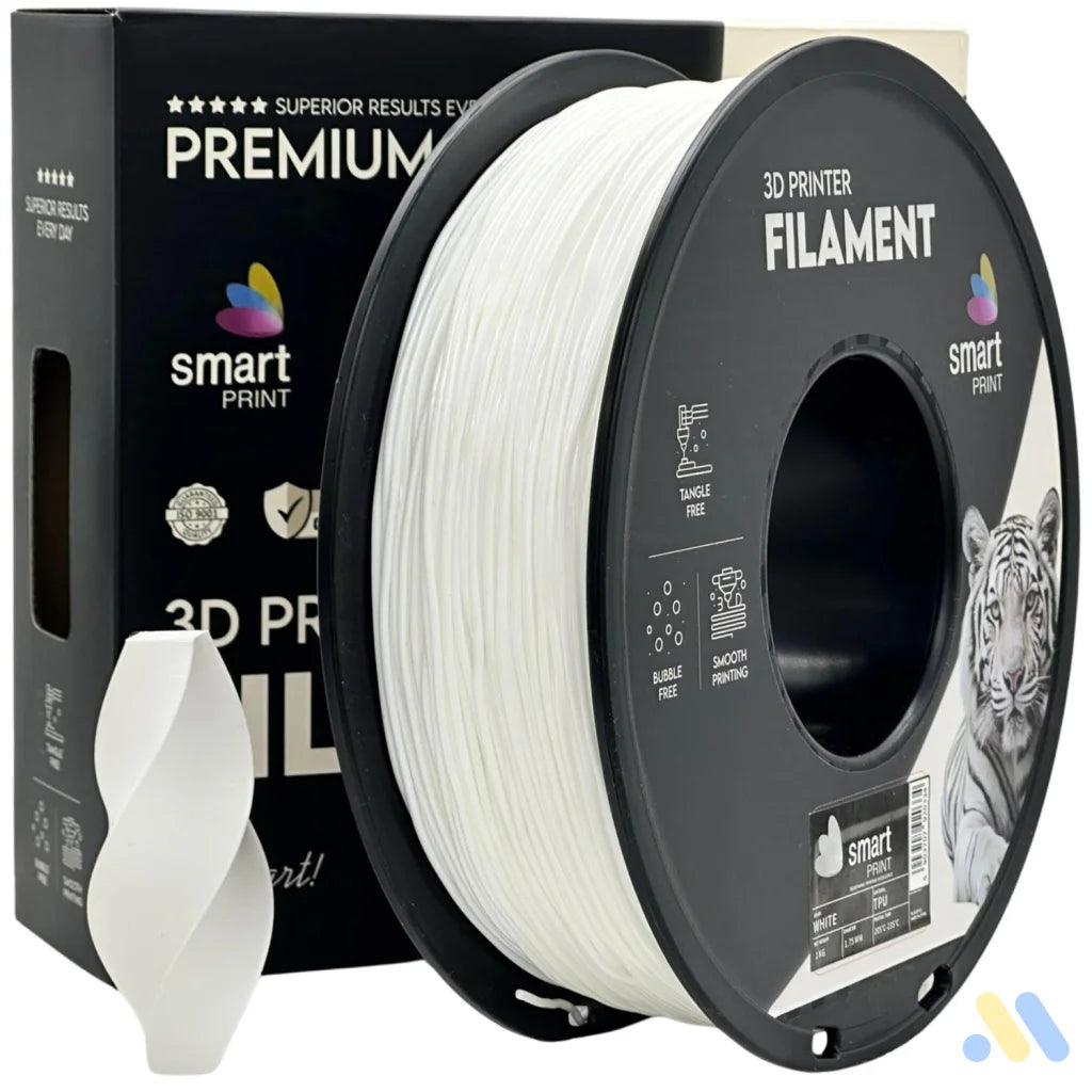 Smart Print TPU is flexible and wear-resistant, ideal for seals, gaskets, cases, and mounts. Special inhibitors improve strength and color. Print slowly with proper filament path for best results.
