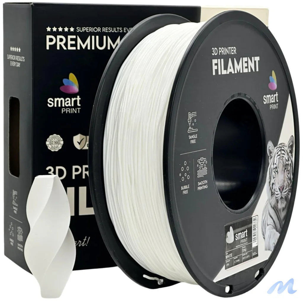 Smart Print TPU is flexible and wear-resistant, ideal for seals, gaskets, cases, and mounts. Special inhibitors improve strength and color. Print slowly with proper filament path for best results.