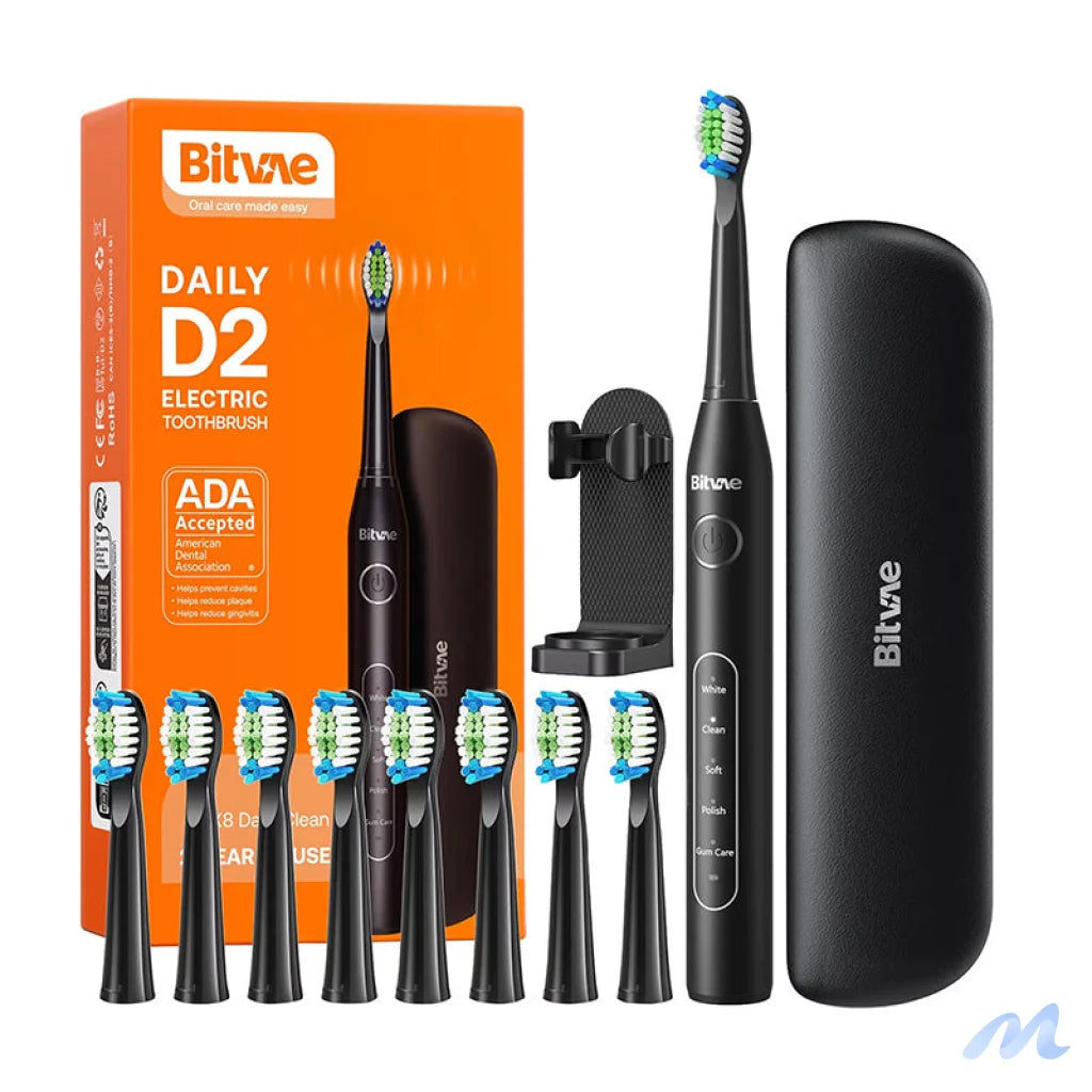 Sonic toothbrush with tips set and travel case D2 (black)