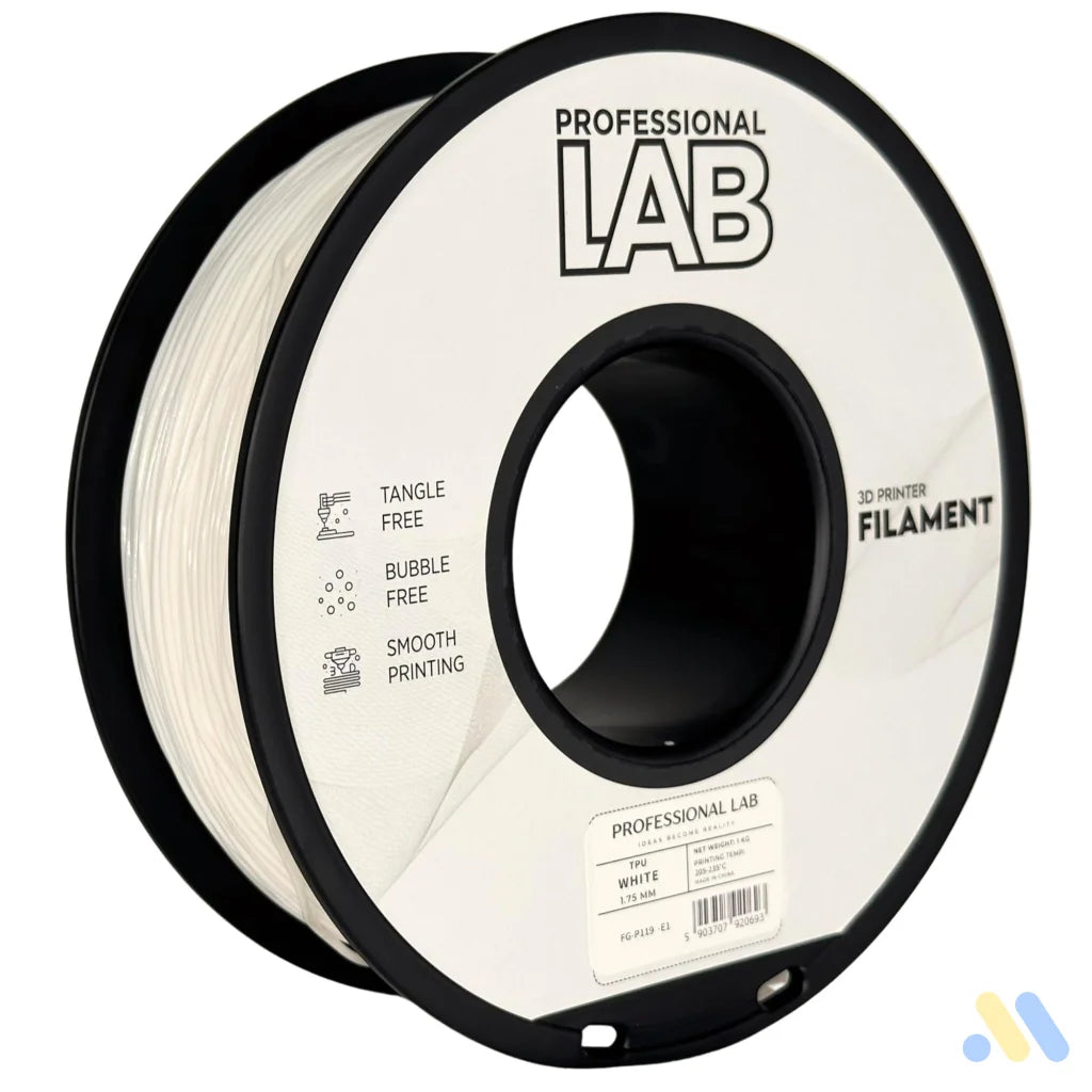 TPU is a flexible and wear-resistant filament, suitable for printing rubber-like parts such as seals, gaskets, cases, or flexible mounts. Requires low print speed and proper filament guidance.