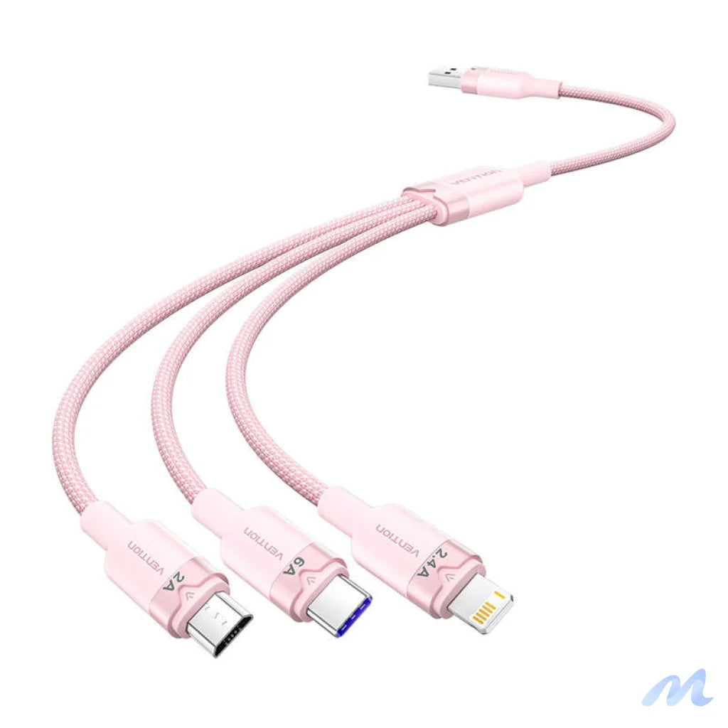 USB 2.0 A to 3-in-1 6A cable Vention CTRPG 1.5M (pink)