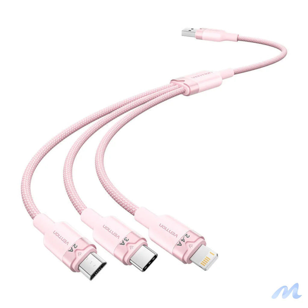 USB 2.0 A to 3in1 3A cable Vention CTPPG 1.5M (pink)