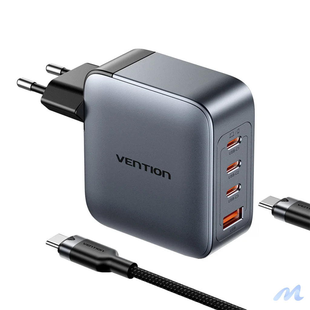Vention power charger 3x USB-C, 1x USB-A, (100W/100W/30W/30W) (grey) with USB-C to USB-C cable (1m) (black)